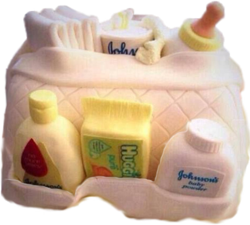 baby shower themed cake decorated as a changing bag with baby products decorated with edible labels