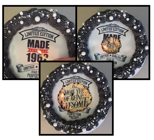 showing all the stages of the burn away cake topper from being lit to revealing the icing image below
