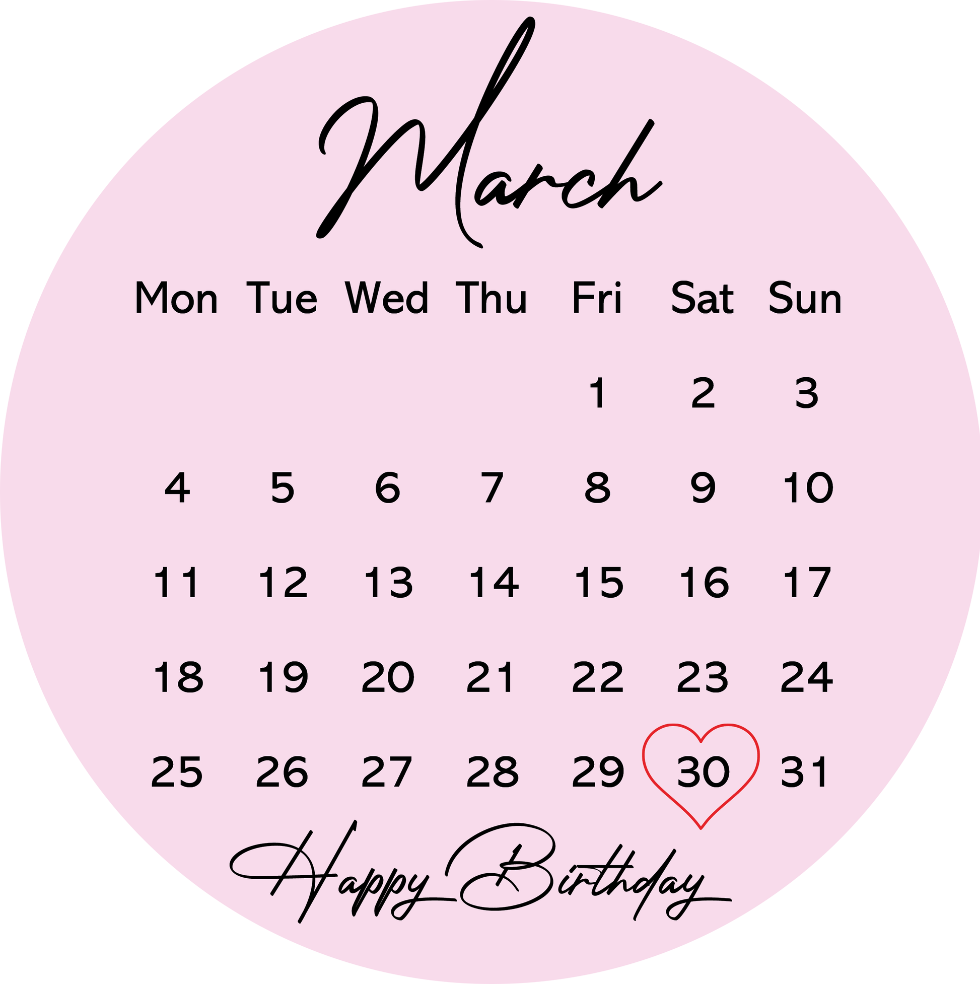 circle icing sheet with calendar design with custom message and your date of choice surrounded by a heart