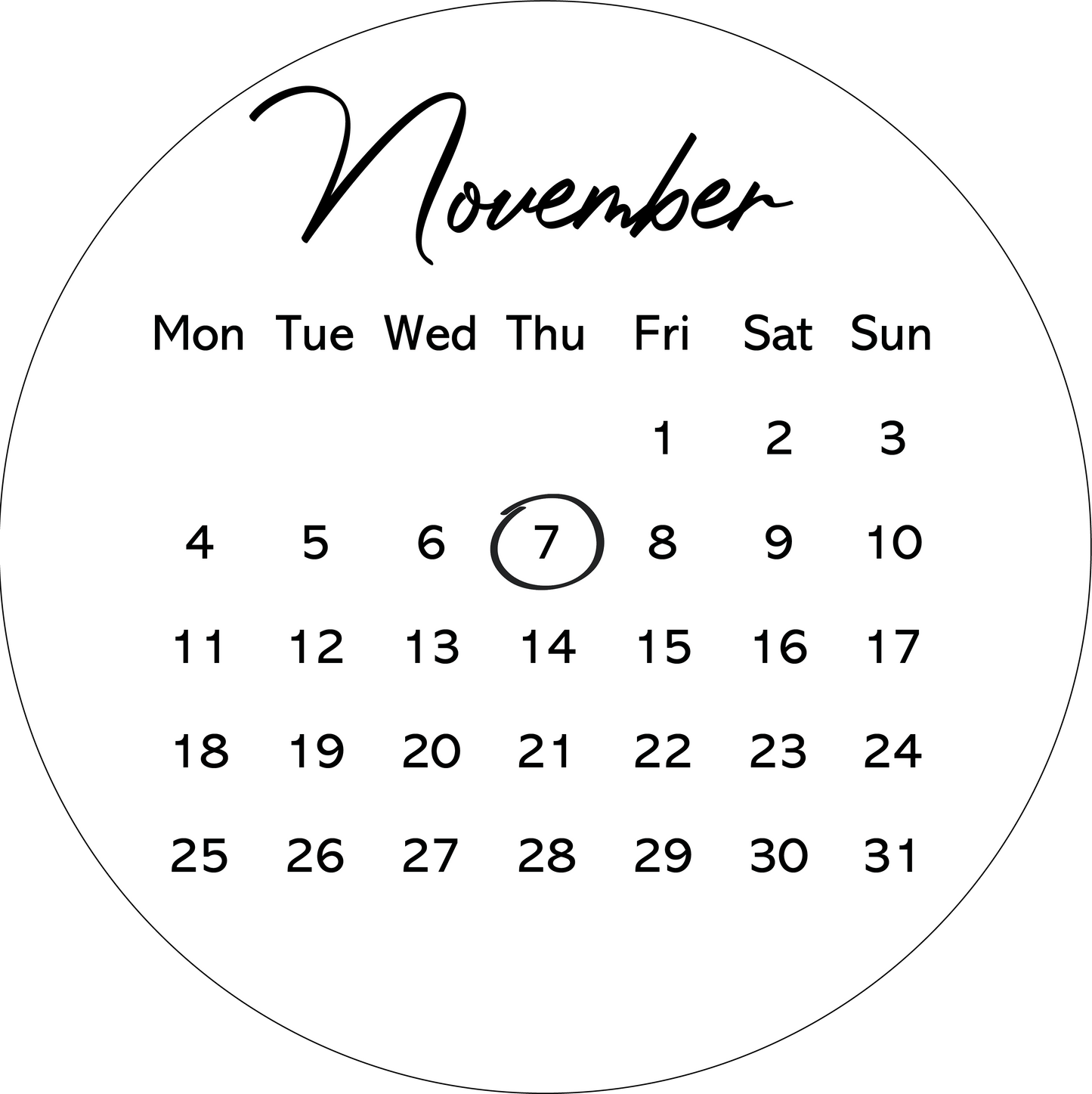circle calendar design for cakes, a number of your choice circled, a personalised text can be added