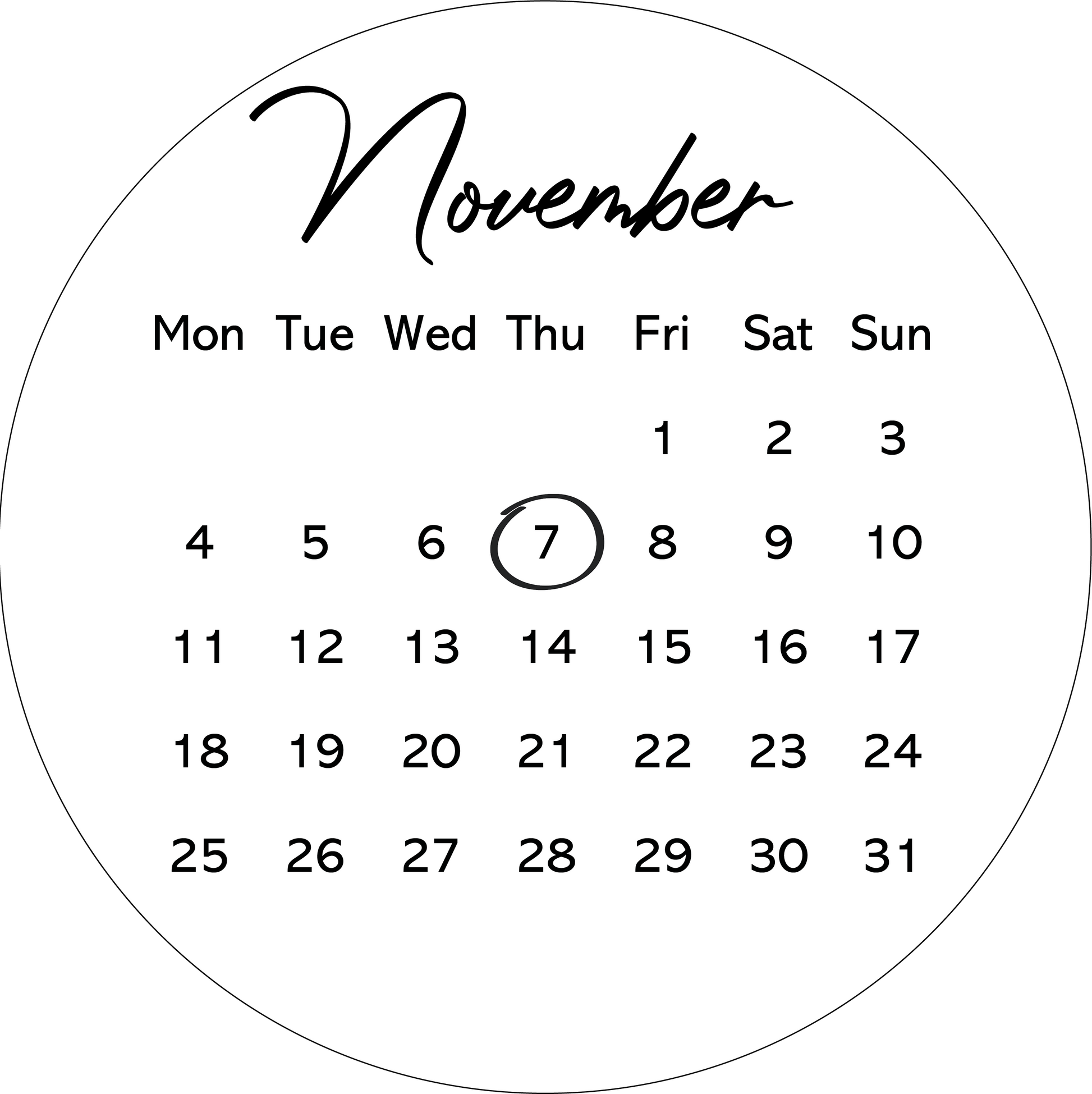 circle calendar design for cakes, a number of your choice circled, a personalised text can be added