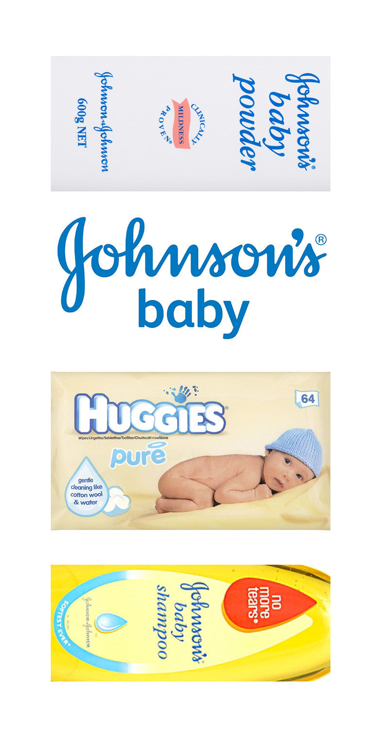 Johnson's baby themed cake logos for baby shower cake, consisting of Johnson's baby powder, Johnson's logo, huggies wet wipe and baby shampoo