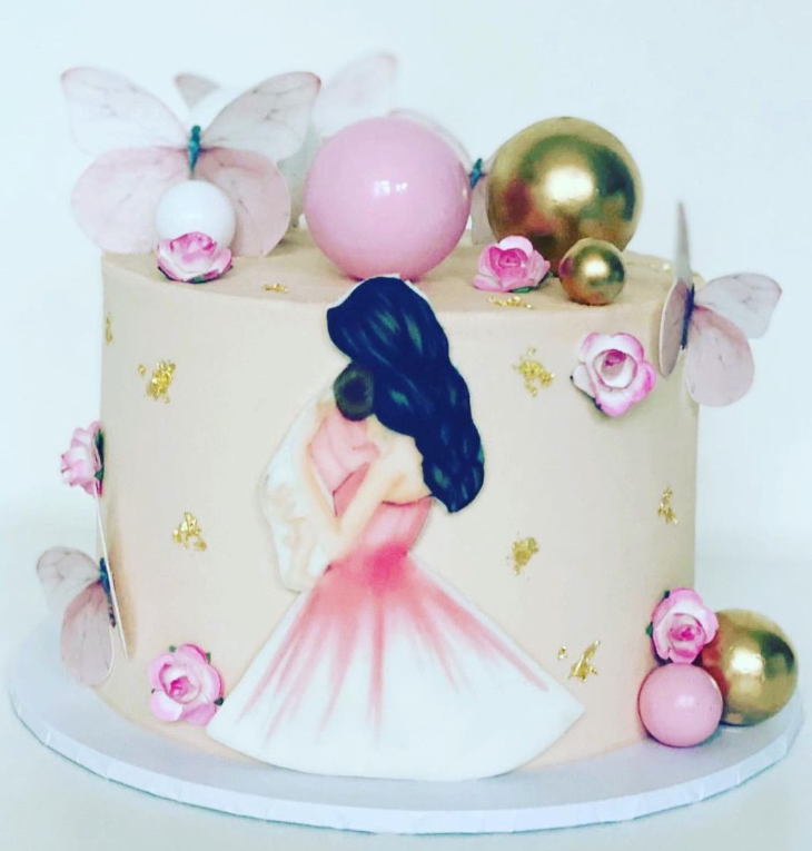 Pink and gold cake with colour balls on the top and the board A edible image printed onto icing is on the front of a mother and baby with their backs facing the front.