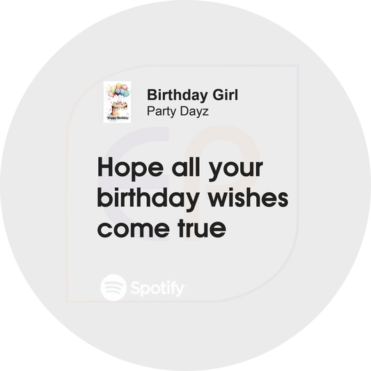 design for a Spotify cake topper with personalised details of the band, song and birthday message. A custom image can also be uploaded printed to icing