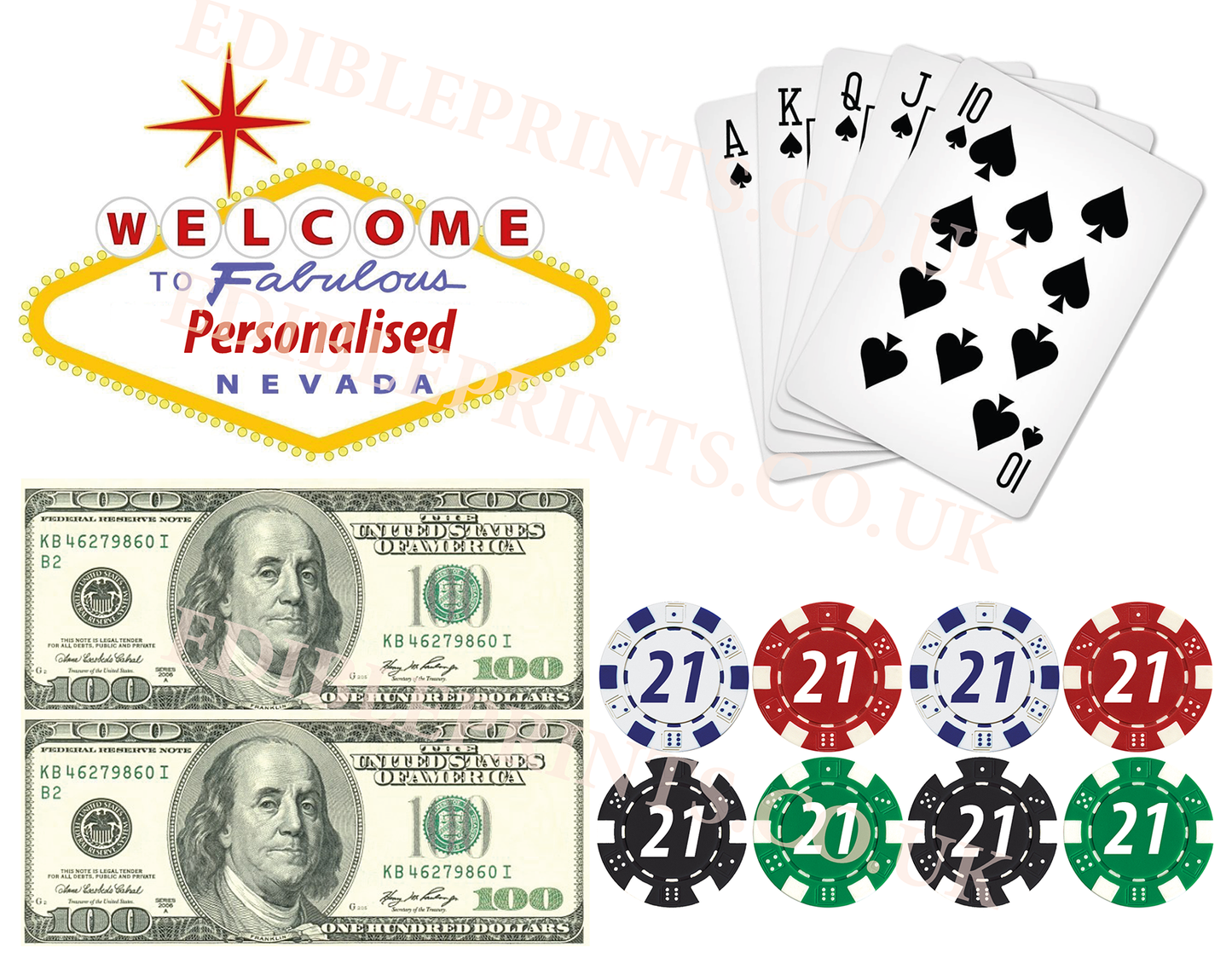 designs on the printed icing sheet for egas themed cakes. Features edible money, poke chips, vegas sign and playing cards.