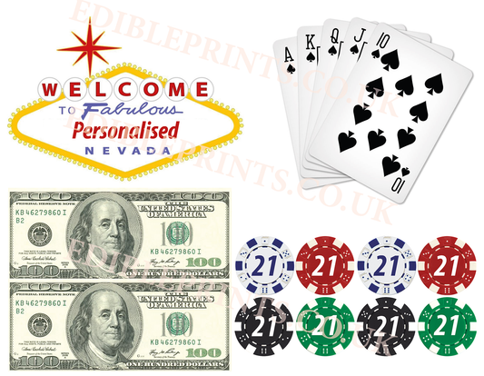designs on the printed icing sheet for egas themed cakes. Features edible money, poke chips, vegas sign and playing cards.