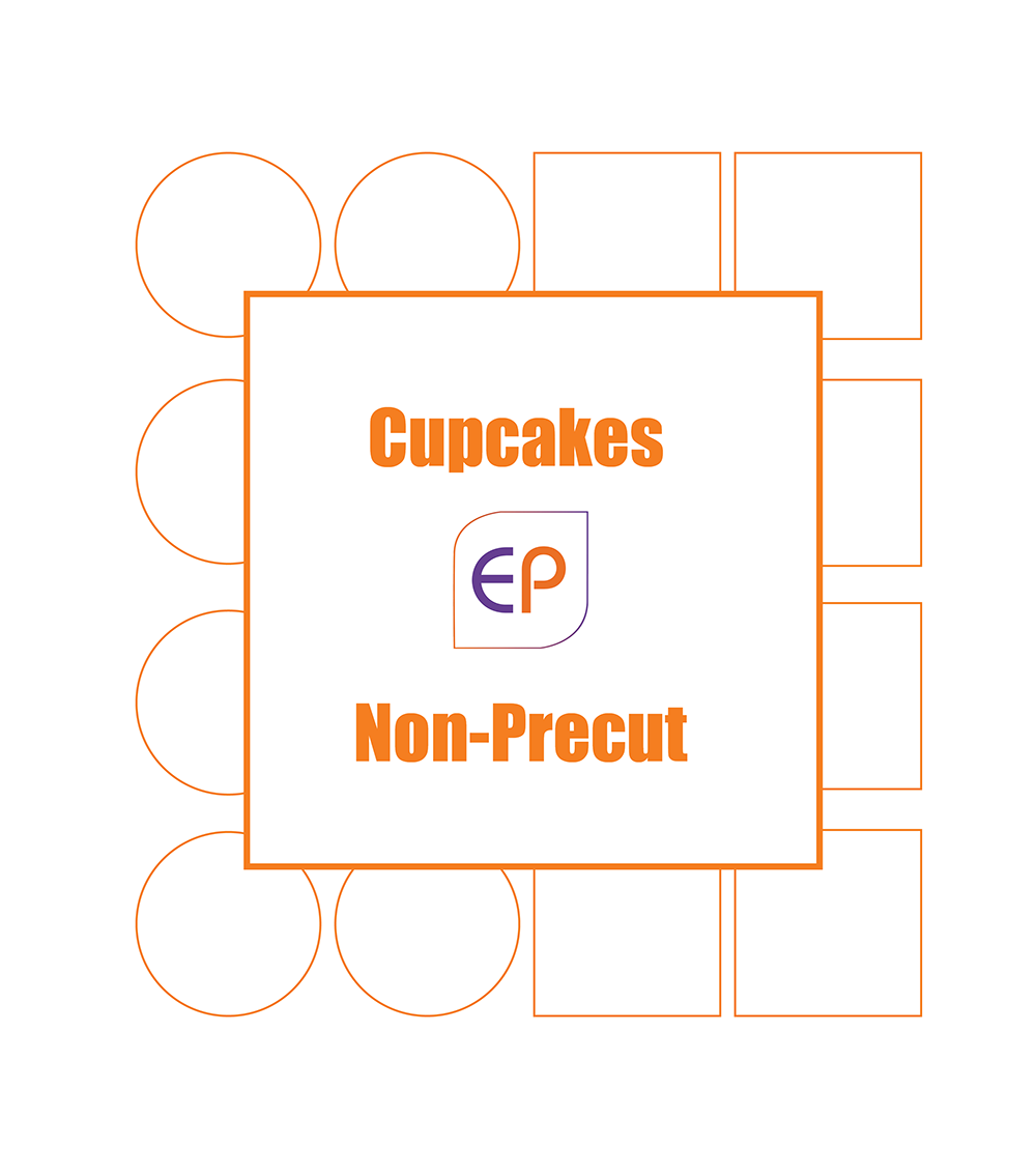 A digital graphic with orange text reading 'Cupcakes Non-Precut' and an 'EP' logo, centered on a white background with faint orange outlines of cupcake and square shapes.