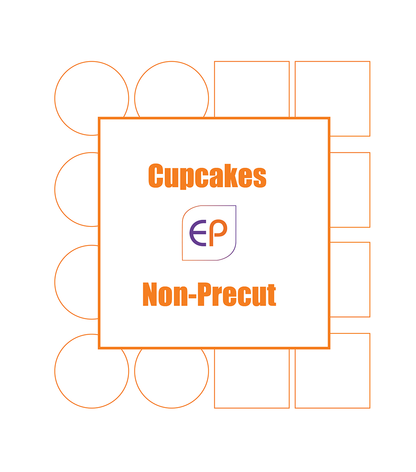 A digital graphic with orange text reading 'Cupcakes Non-Precut' and an 'EP' logo, centered on a white background with faint orange outlines of cupcake and square shapes.