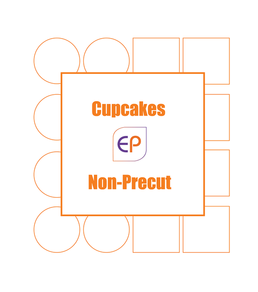 A digital graphic with orange text reading 'Cupcakes Non-Precut' and an 'EP' logo, centered on a white background with faint orange outlines of cupcake and square shapes.