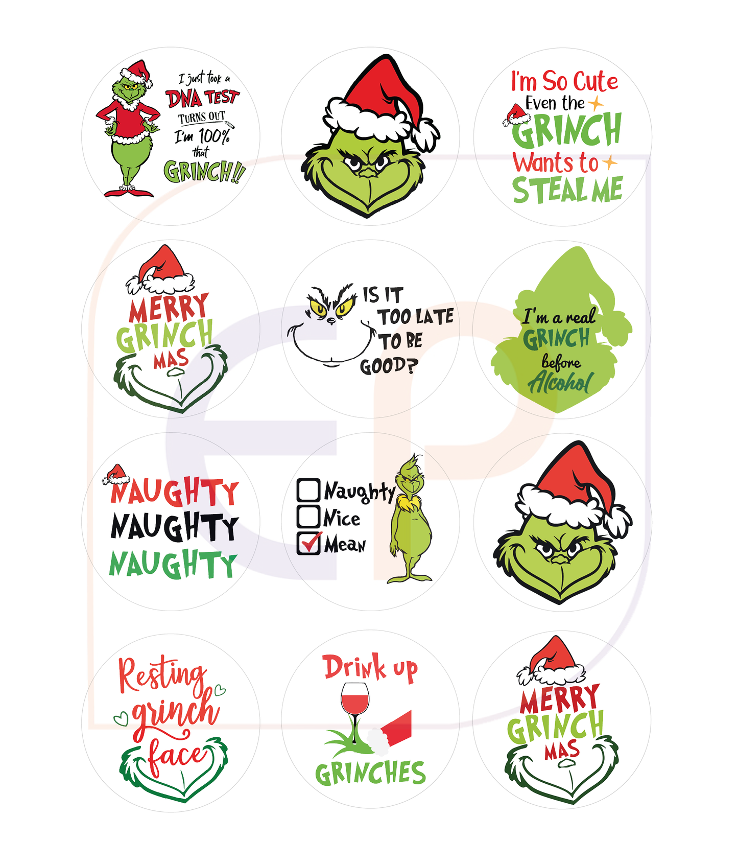 selection of cheeky adult grinch cupcake toppers with phrases and memes