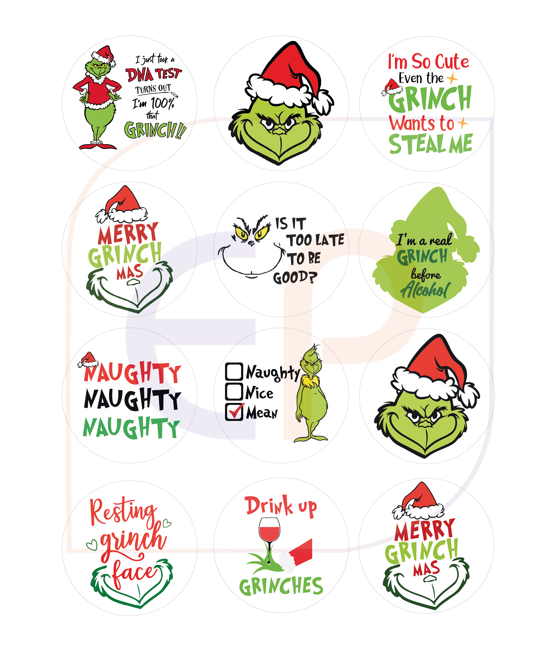 selection of cheeky adult grinch cupcake toppers with phrases and memes