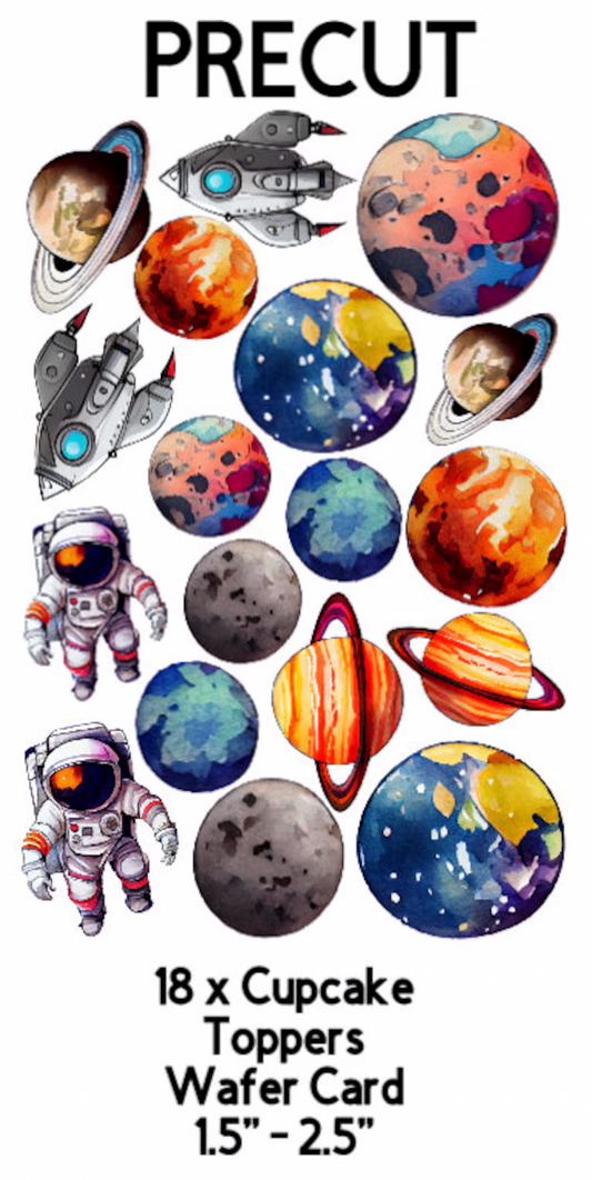 Astronauts & Planets. Cake & Cupcake Precut Wafer Toppers Set
