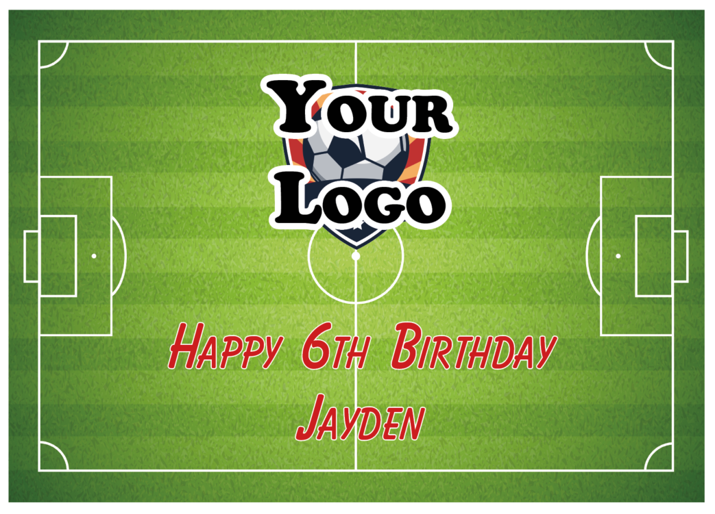 Printed green icing sheet of a football pitch with a custom birthday message and a logo of the customers choice 