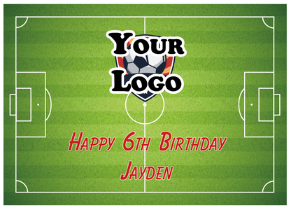 Printed green icing sheet of a football pitch with a custom birthday message and a logo of the customers choice 