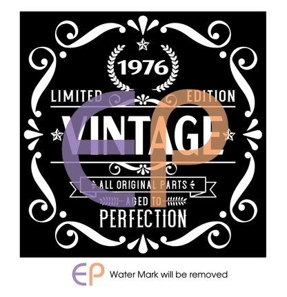 Vintage-style design with text '1976 Limited Edition Vintage All original parts aged to perfection' on a black background. Personalised with the year and name