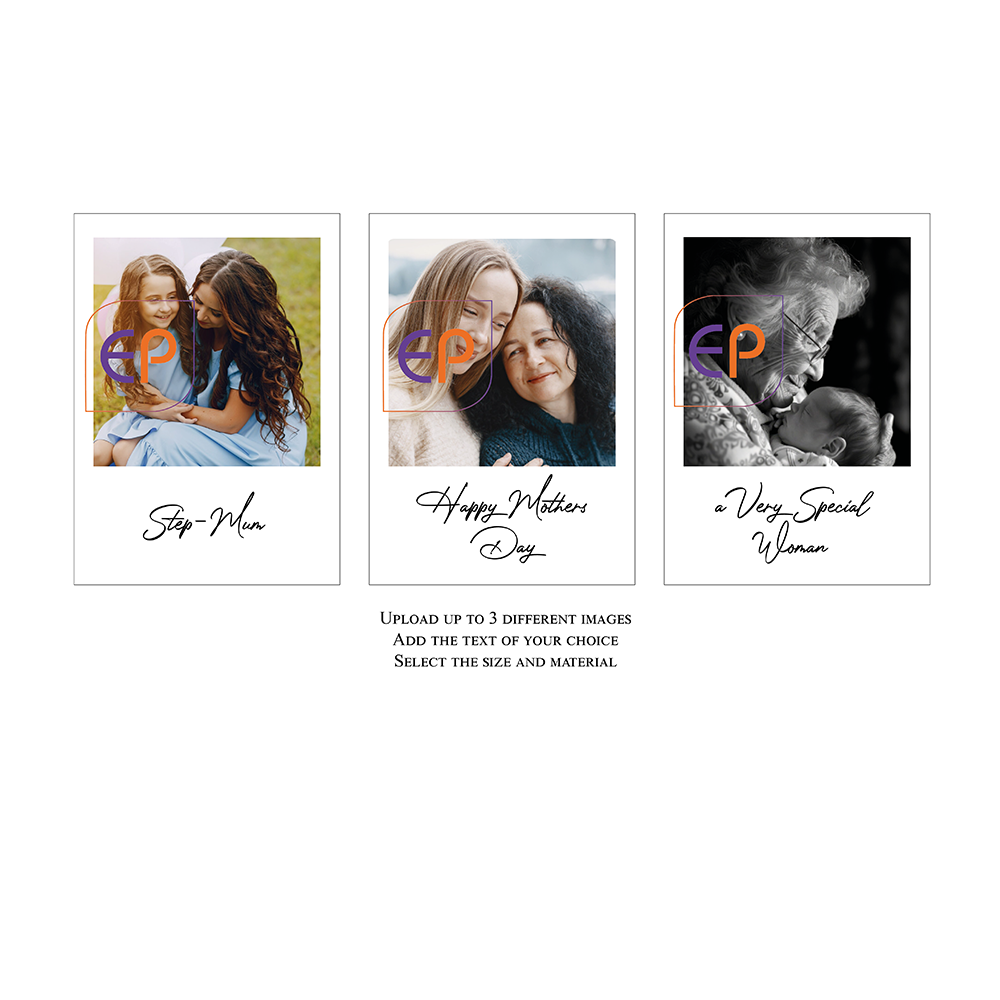 Three photo frames with text for Mother's Day and personalised messages.