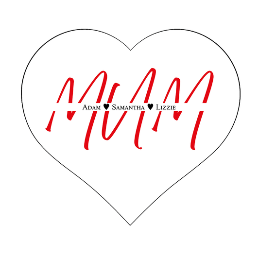 Heart-shaped design with red text, the childrens names are running through the text separated by hearts.