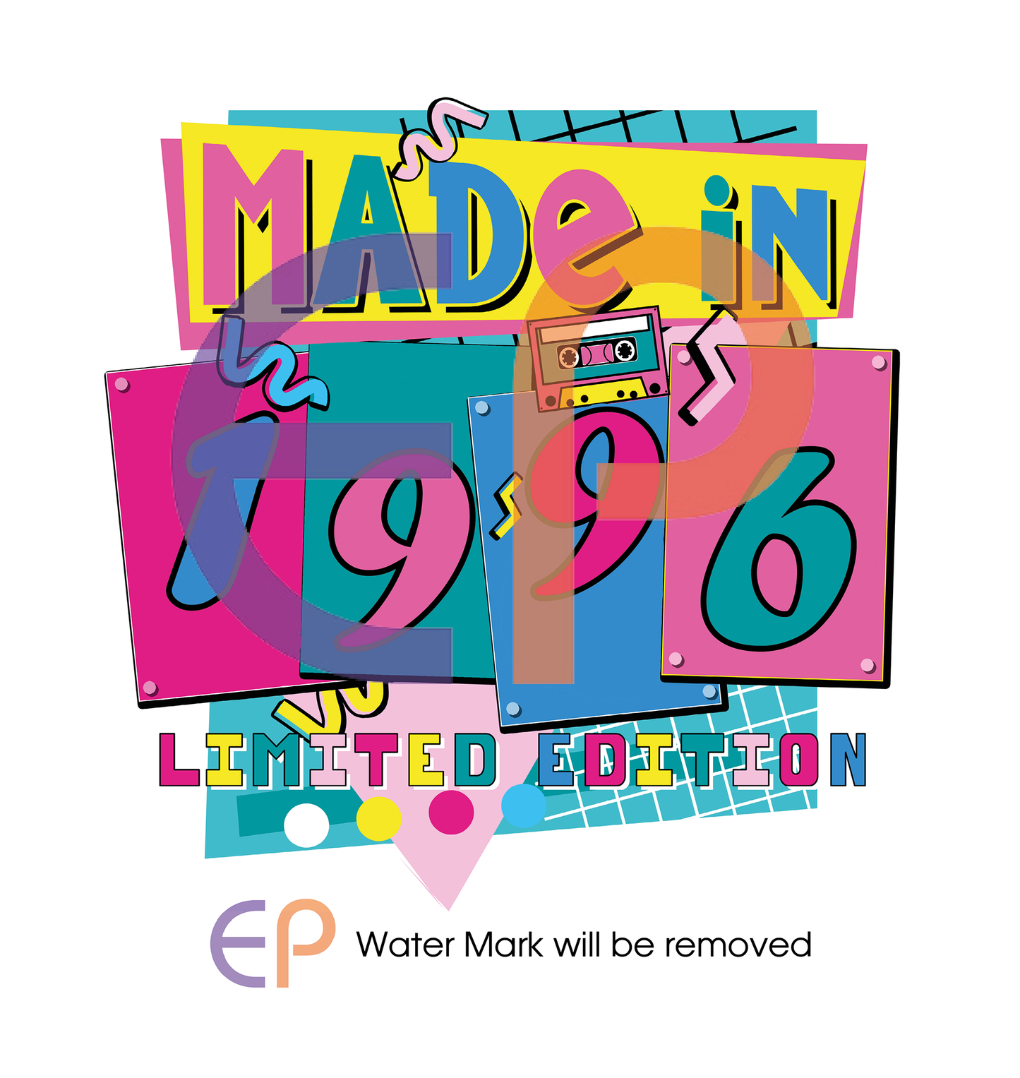 personalised 90's edible cake topper template with colourful background. The design says 'made in 1996 limited edition'