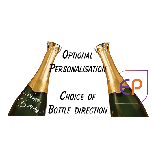 Two champagne bottles shown from the neck down with gold foil and dark green bodies, centered on a white background with text reading 'OPTIONAL PERSONALISATION', 'CHOICE OF BOTTLE DIRECTION', and a purple/orange 'EP' logo. One bottle has a white cursive 'Happy Birthday' script.