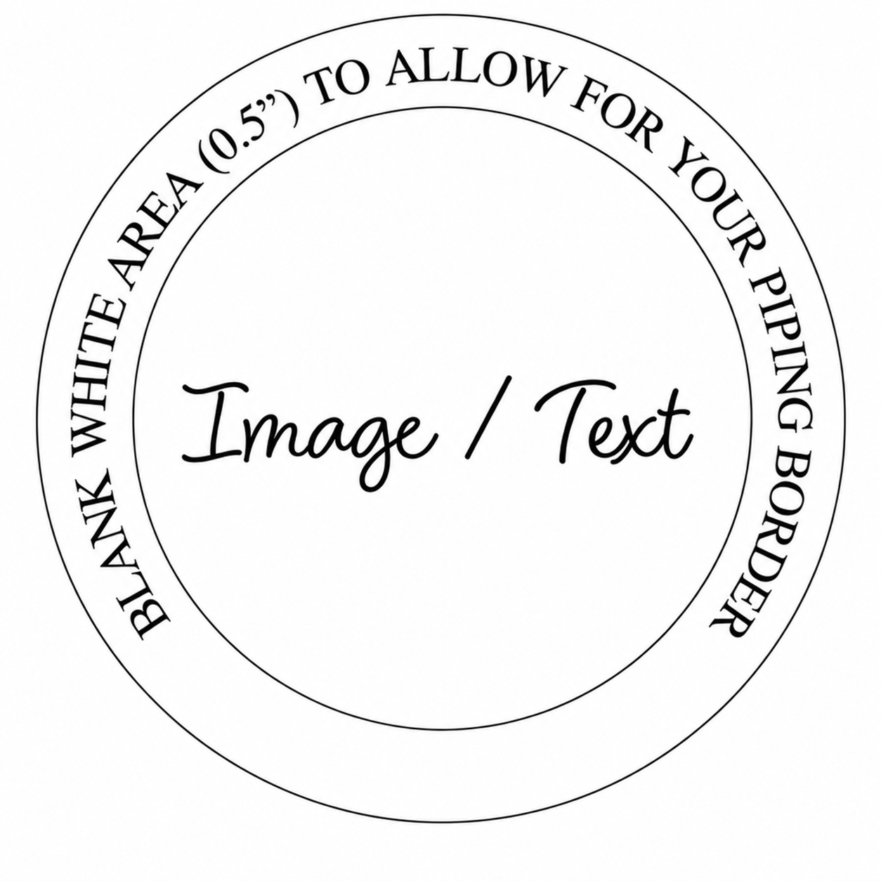 A circular black-and-white template with the text 'BLANK WHITE AREA (0.5") TO ALLOW FOR YOUR PIPING BORDER' around the edge and 'Image / Text' in the center, indicating a placeholder for product artwork.