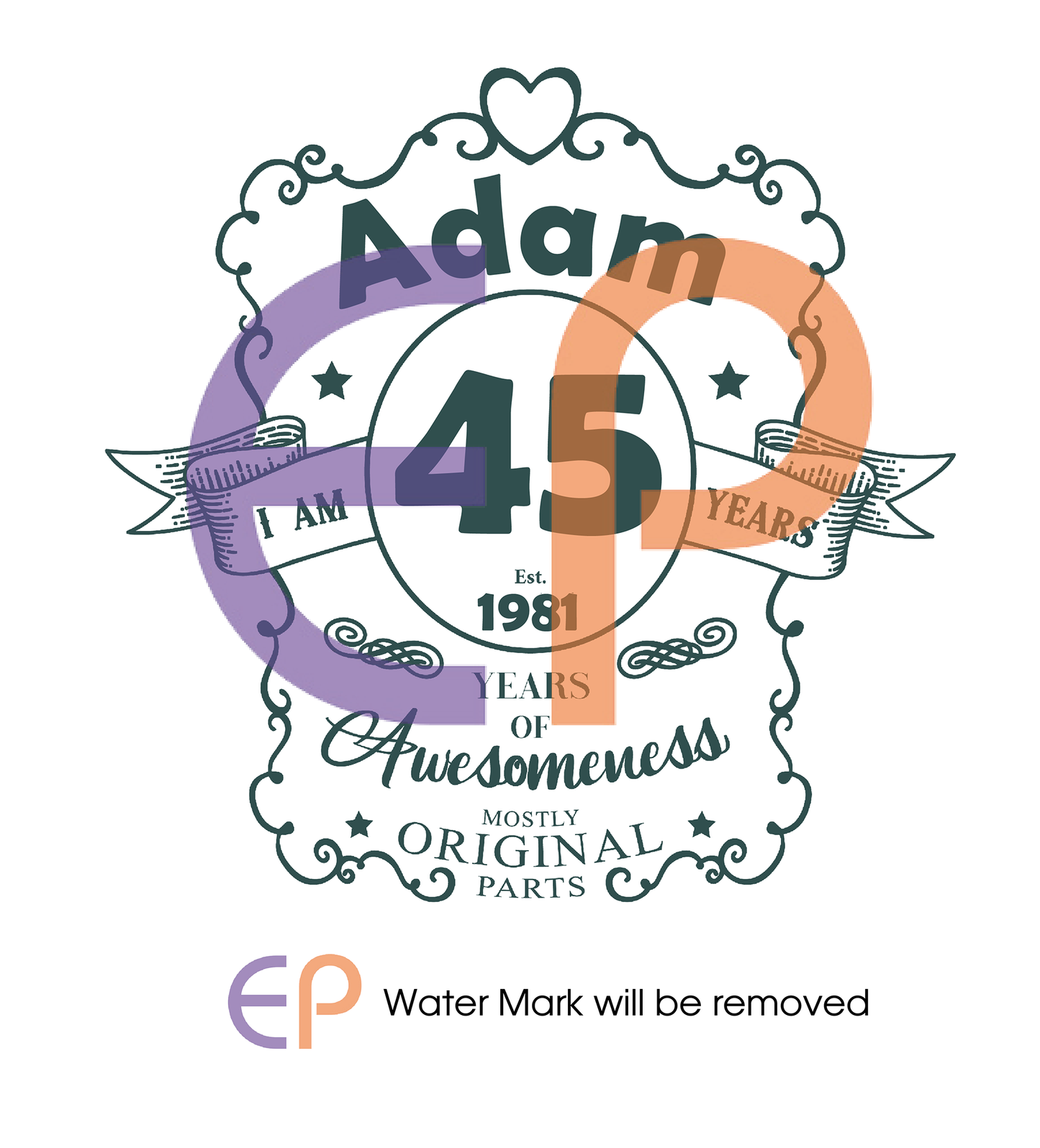 45th birthday design with decorative elements and text on a white background personalised with the name age and year of birth