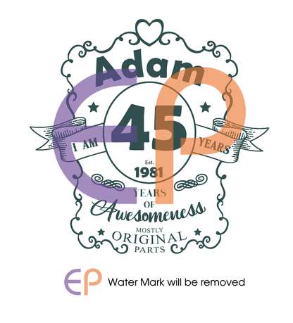 45th birthday design with decorative elements and text on a white background personalised with the name age and year of birth